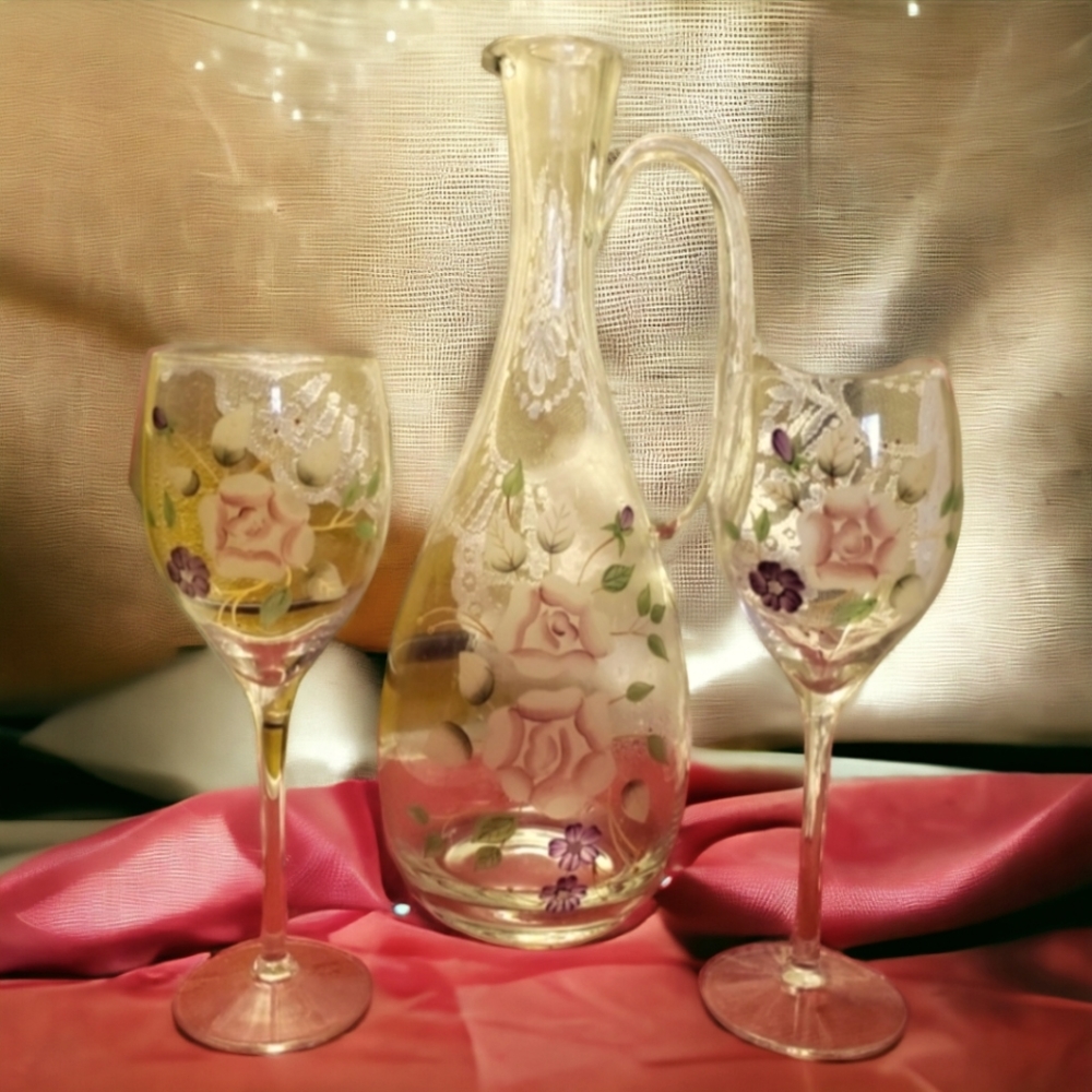 HOST PICK 😊 Vtg Handpainted Crystal Wine Pitcher & Glasses